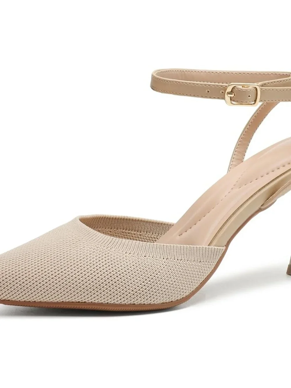 Women's Beige Closed Toe Ankle Strap Kitten Pumps Pointed Toe Heeled Sandals